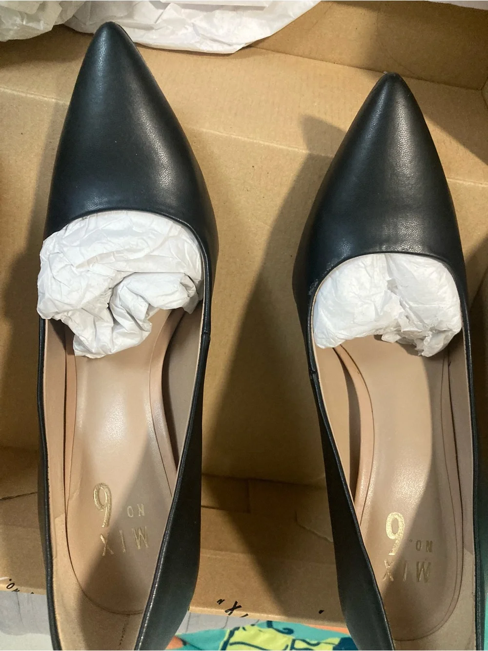 Mix No. 6 Black Pointed Toe Stiletto Pumps with Metallic Heel